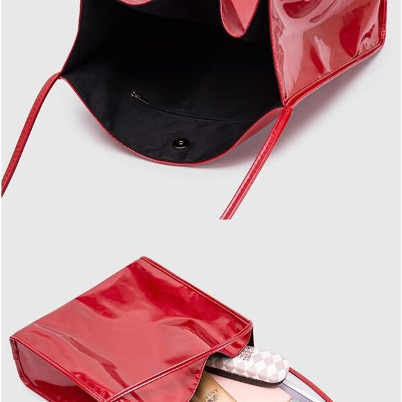 Women Patent Leather Bag Soft Tote Bag Shiny Shoulder Bag Minimal Purse Fashion - Picture 7 of 7